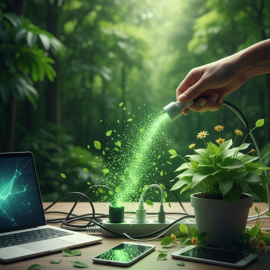 Digital badge for the Unplugged Focus Pledge 21-day challenge showing a hand unplugging an appliance and displaying savings of 76.65 kg CO2e and up to €87, symbolizing victory over vampire power.