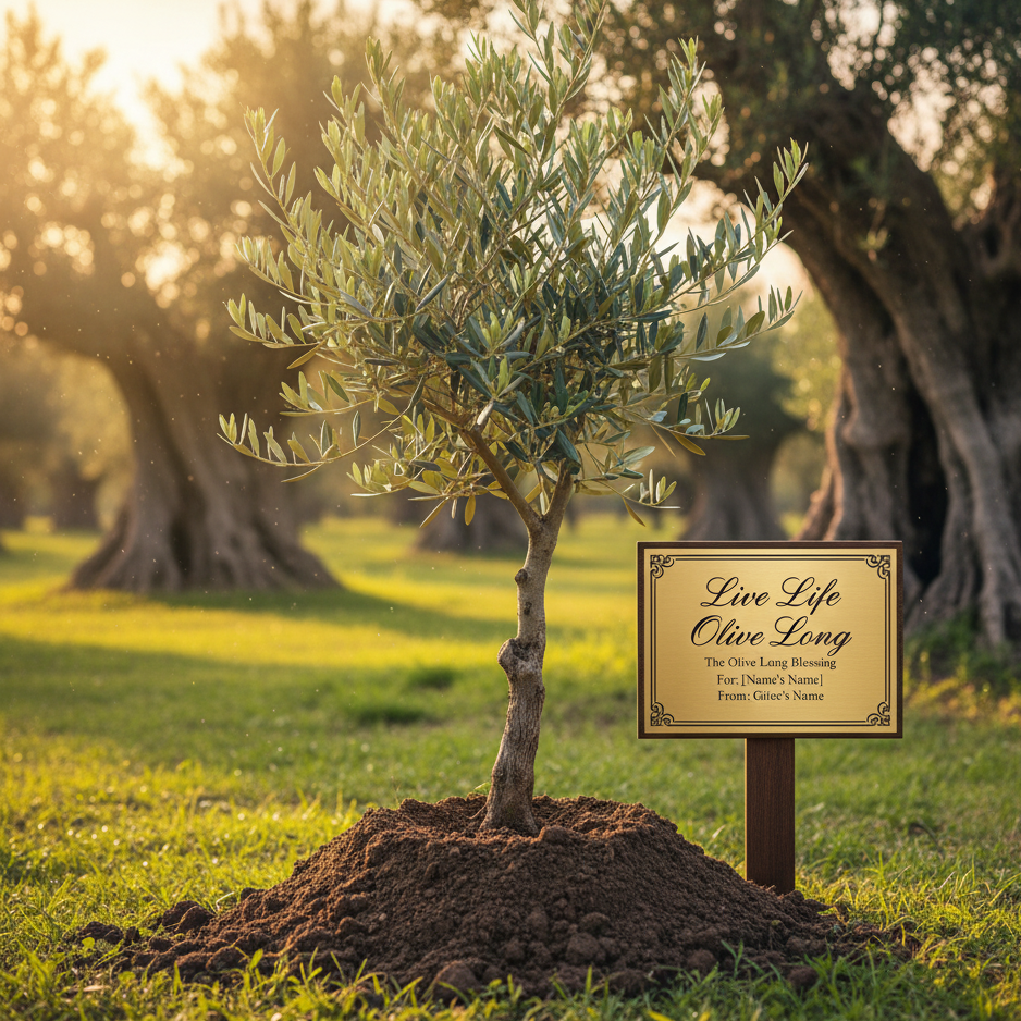 Small olive tree with a decorative sign in an olive grove