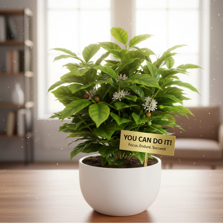 Potted plant with a motivational sign in a room setting