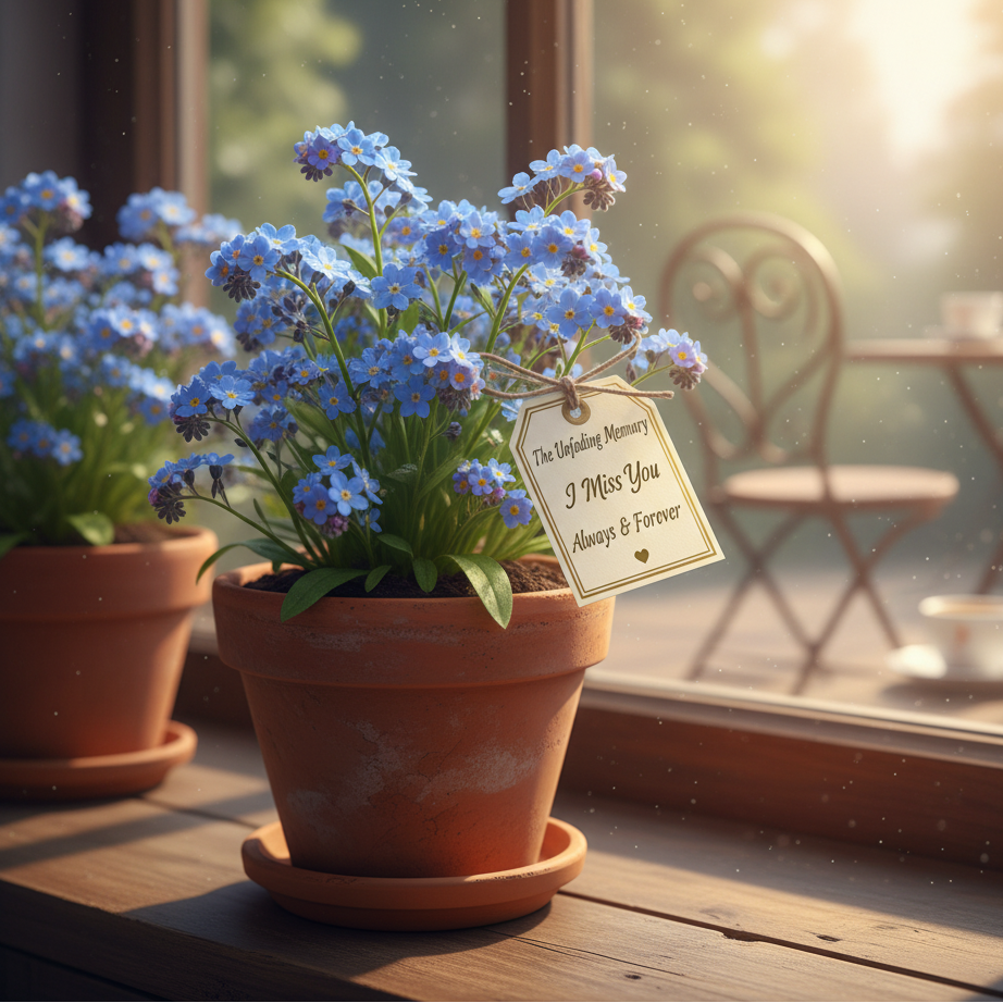 Potted blue flowers with a 'I Miss You' tag on a wooden surface near a window.