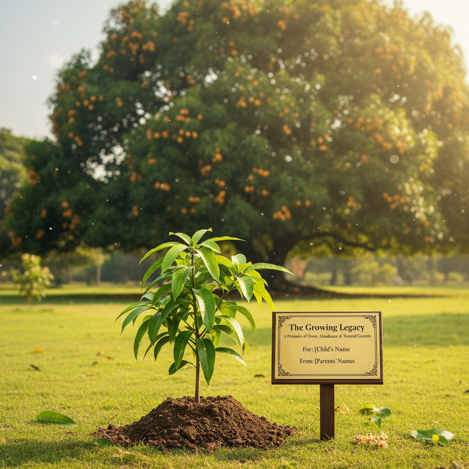 Young tree planted in a grassy field with a sign in the foreground.