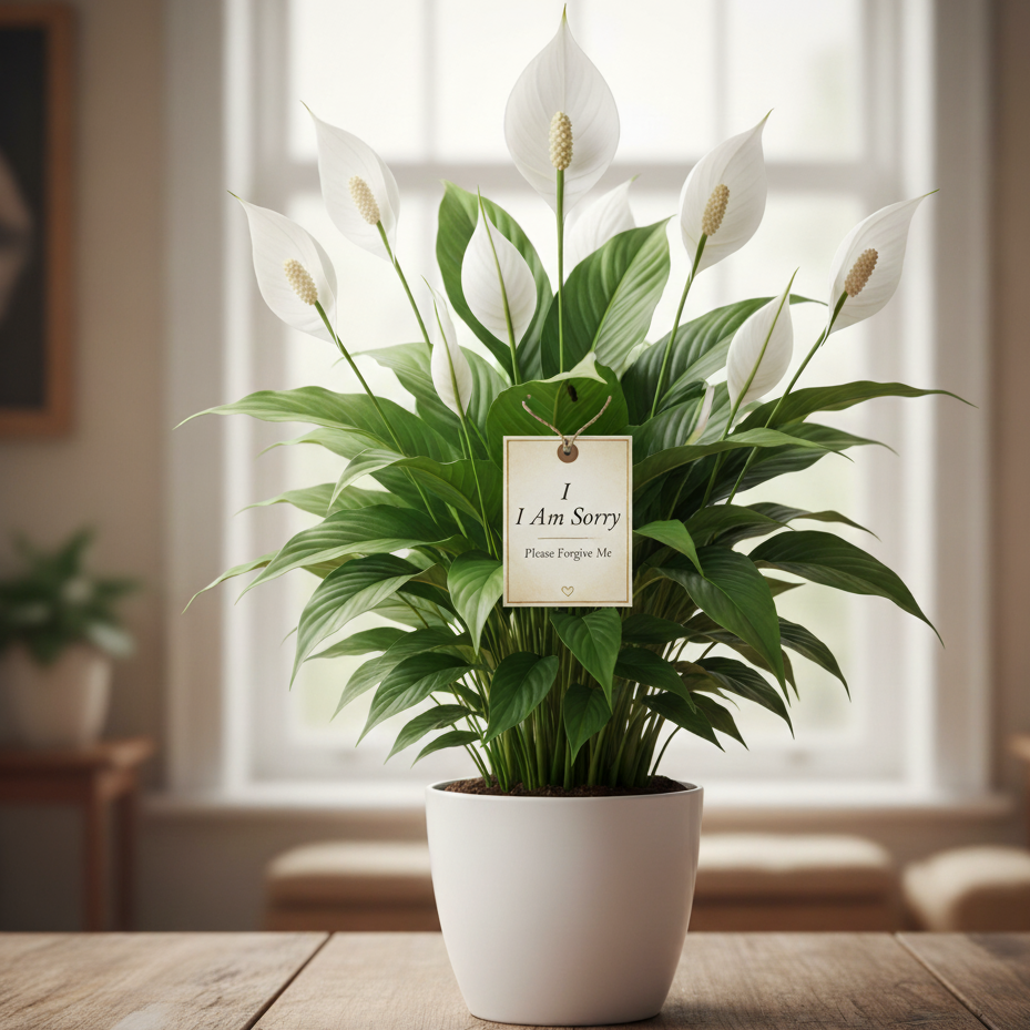 Potted plant with a 'I Am Sorry' card on a wooden table in a room with a window.